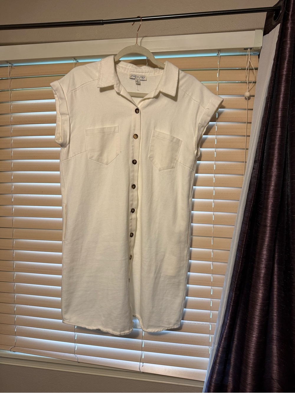 She + Sky Cream Button-Front Mini Shirt Dress